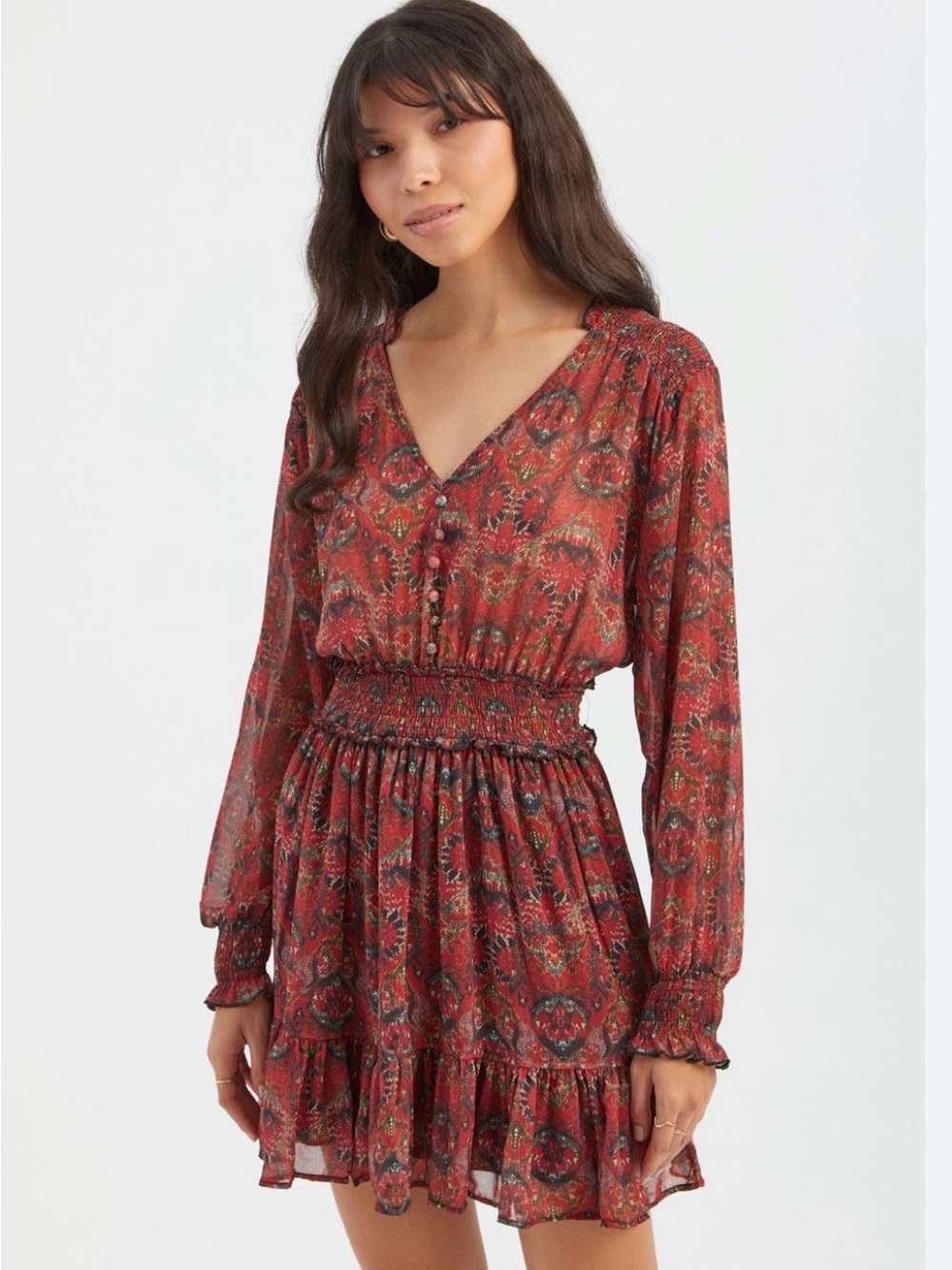Zara Rust Red Paisley Long-Sleeve Smocked Waist Dress